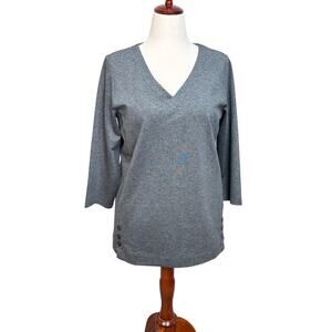 J. Jill tunic gray heathered stretch knit v-neck 3/4 sleeve buttons at hem  Sz M